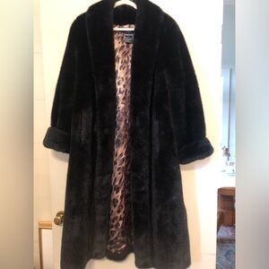 Dennis Basso Black Faux Fur Coat with Leopard Lining